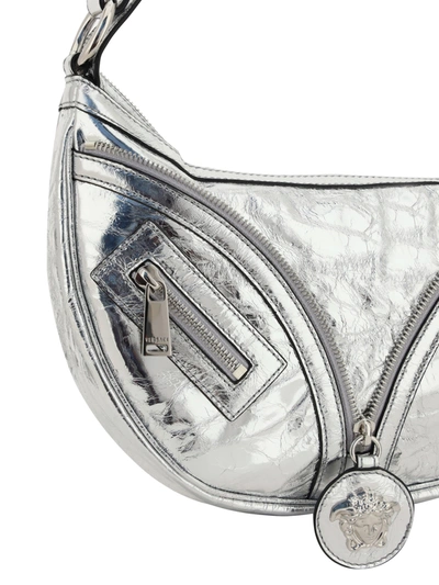 Shop Versace Metallized Leather Shoulder Bag With Iconic Frontal Medusa