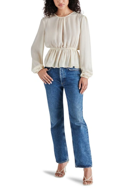 Shop Steve Madden Long Sleeve Washed Satin Peplum Top In Ivory