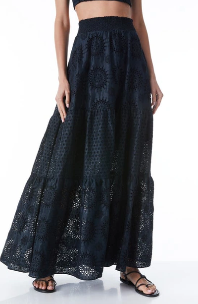 Shop Alice And Olivia Reise Embroidered Cotton & Linen Tiered Maxi Skirt In Black