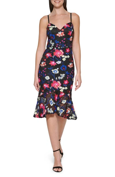 Shop Guess Floral Embroidered Flounce Hem Midi Dress In Black Multi
