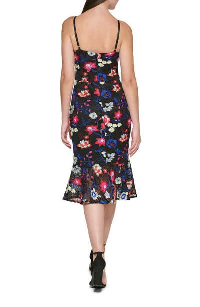 Shop Guess Floral Embroidered Flounce Hem Midi Dress In Black Multi