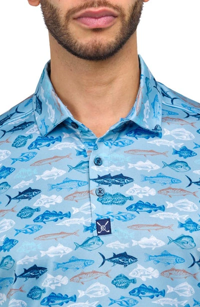Shop Construct Fish Print Golf Polo In Blue