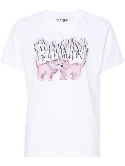Shop Ganni Cats Print Cotton T-shirt In White