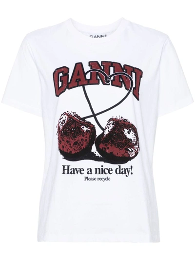Shop Ganni Cherry Print Cotton T-shirt In White