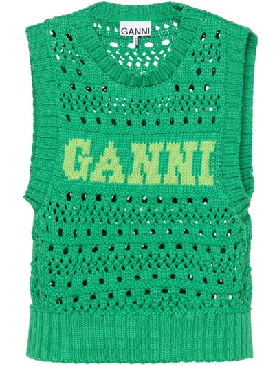 Shop Ganni Logo Cotton Blend Vest In Green