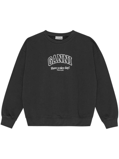 Shop Ganni Logo Organic Cotton Sweatshirt In Black