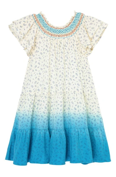 Shop Peek Aren't You Curious Kids' Floral Smocked Tiered Dip Dye Dress In Blue/ Ivory Print