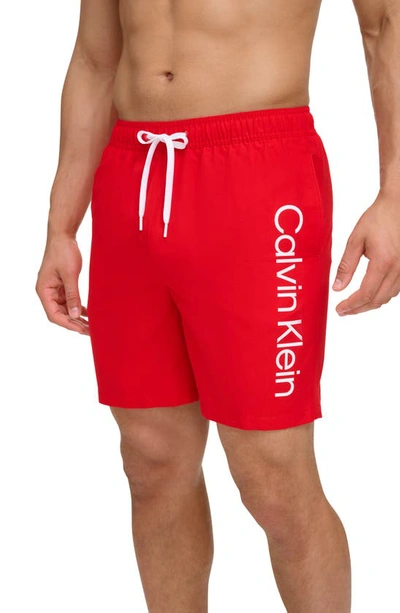 Shop Calvin Klein Core Volley Swim Trunks In Red
