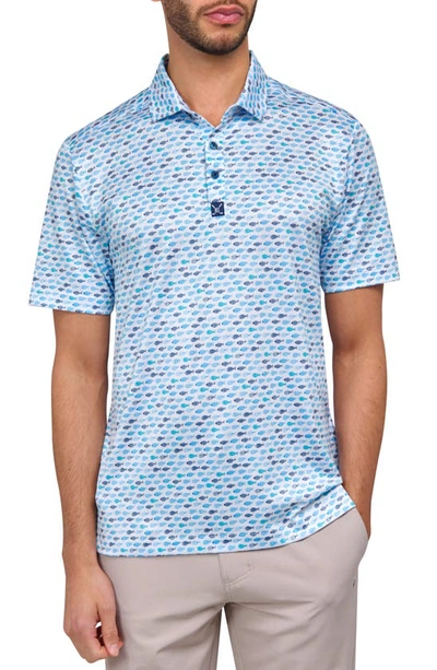 Shop Construct Fish Print Golf Polo In White/blue