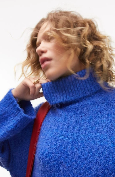 Shop Topshop Textured Roll Neck Sweater In Mid Blue