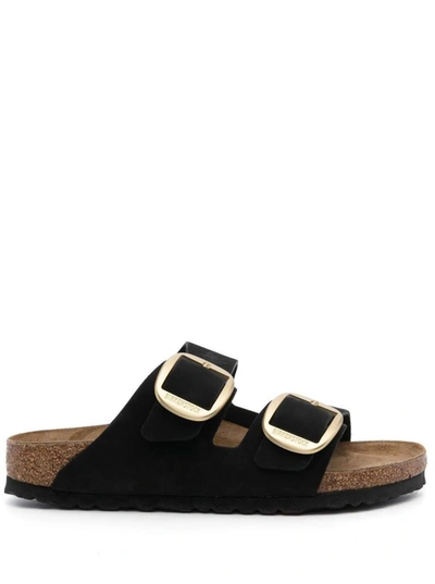 Shop Birkenstock Black 'arizona' Strap-sandals With Golden-tone Buckle In Leather