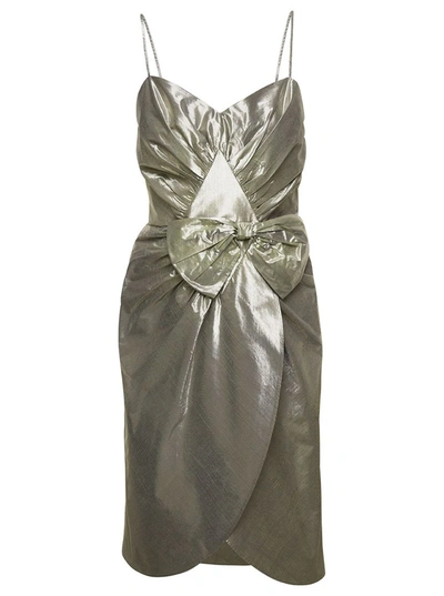 Shop Maison Margiela Midi Ivory Dress With Bow Detail In Metallic Lurex Woman In Grey
