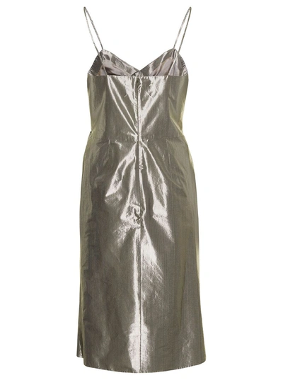 Shop Maison Margiela Midi Ivory Dress With Bow Detail In Metallic Lurex Woman In Grey