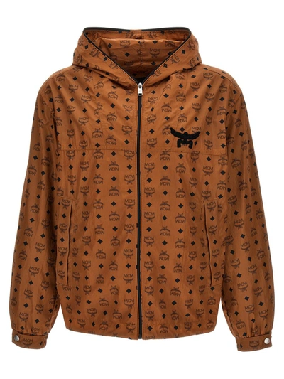 Shop Mcm Logo Print Hooded Jacket In Brown