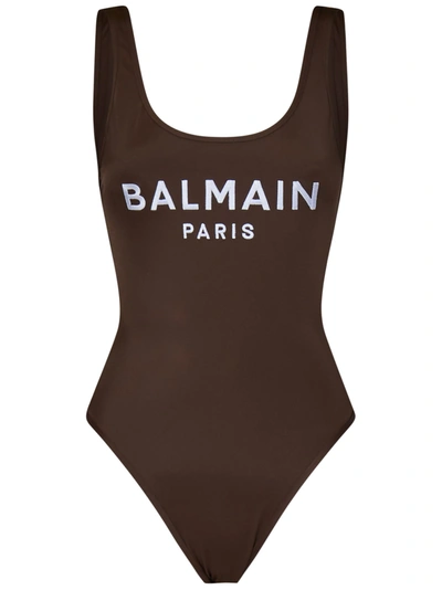 Shop Balmain Paris Swimsuit In Marrone