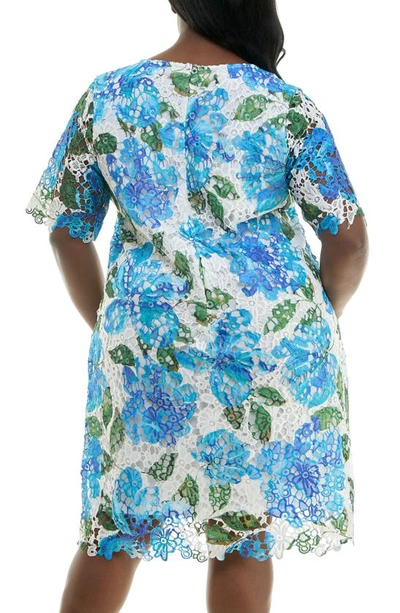 Shop Nina Leonard Elbow Sleeve Lace Dress In Bright Cobalt Multi