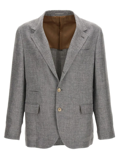 Shop Brunello Cucinelli Single-breasted Linen Blend Blazer In Gray