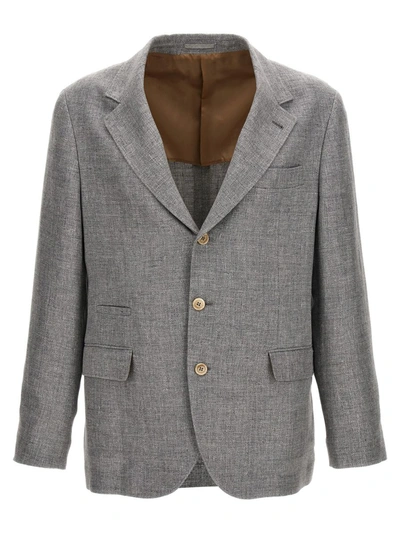 Shop Brunello Cucinelli Single-breasted Linen Blend Blazer In Gray