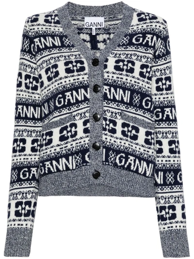 Shop Ganni Logo Wool Mix Cardigan Clothing In 683 Sky Captain