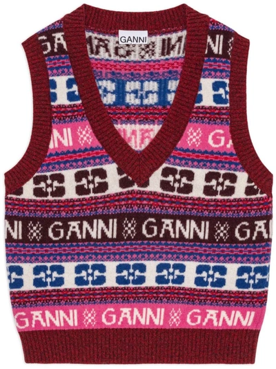 Shop Ganni Logo Wool Mix Vest Clothing In 999 Multicolour