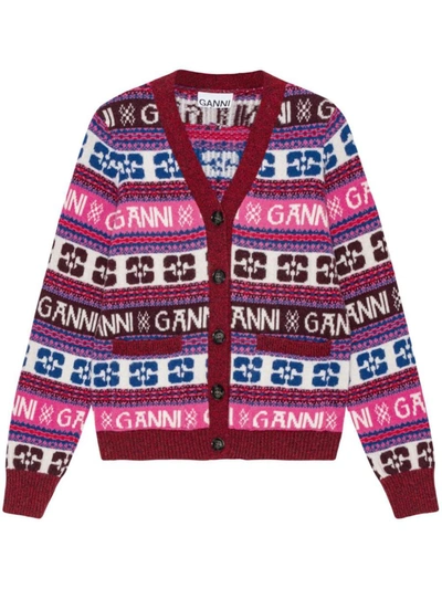Shop Ganni Logo Wool Mix Cardigan Clothing In 999 Multicolour