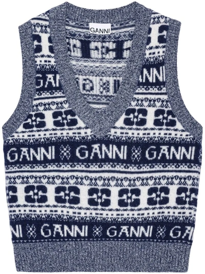 Shop Ganni Logo Wool Mix Vest Clothing In 683 Sky Captain