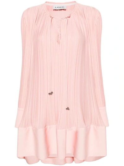 Shop Lanvin Long Sleeve Flare Pleated Dress Clothing In Pink & Purple