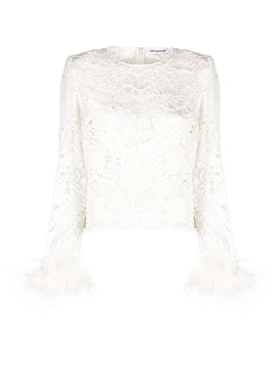 Shop Self-portrait Cream Cord Lace Feather Top Clothing In Nude & Neutrals