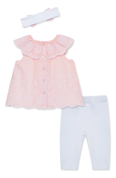Shop Little Me Rose Eyelet Tunic, Leggings & Headband Set In White/ Pink