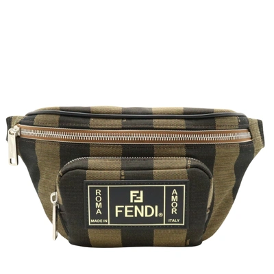 Shop Fendi Pequin Brown Canvas Shoulder Bag ()