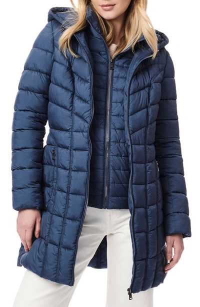 Bernardo Water Resistant Packable Hooded Puffer Coat With Removable Bib Insert In Smoke Blue