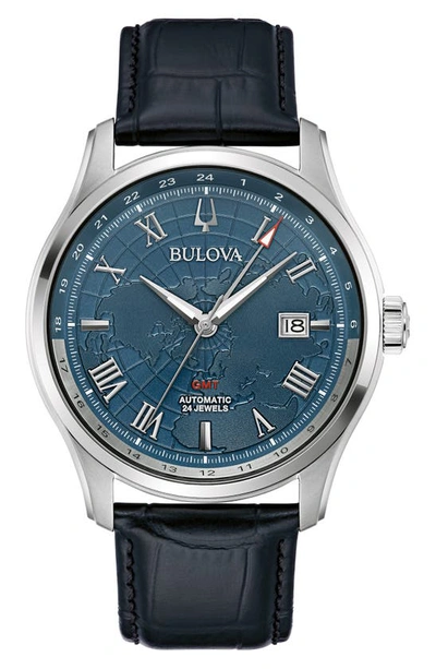 Shop Bulova Wilton Gmt Automatic Leather Strap Watch, 43mm In Silverone/ Blue