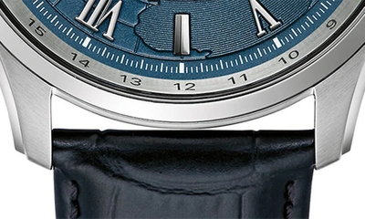 Shop Bulova Wilton Gmt Automatic Leather Strap Watch, 43mm In Silverone/ Blue