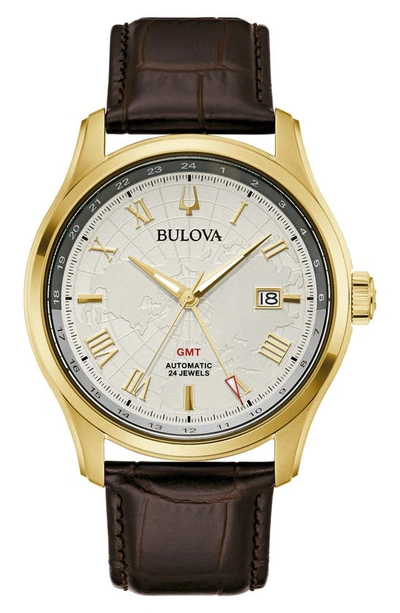 Shop Bulova Wilton Gmt Automatic Leather Strap Watch, 43mm In Goldone
