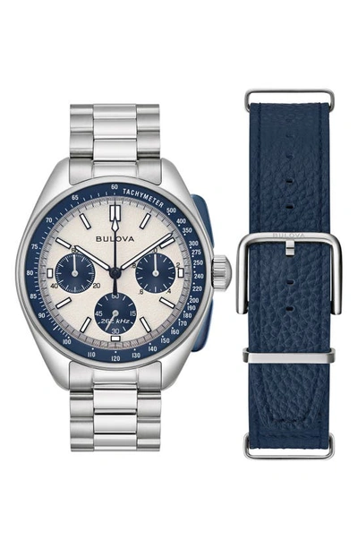 Bulova Men's Chronograph Archive Lunar Pilot Stainless Steel Bracelet Watch Box Set 44mm In Silverone