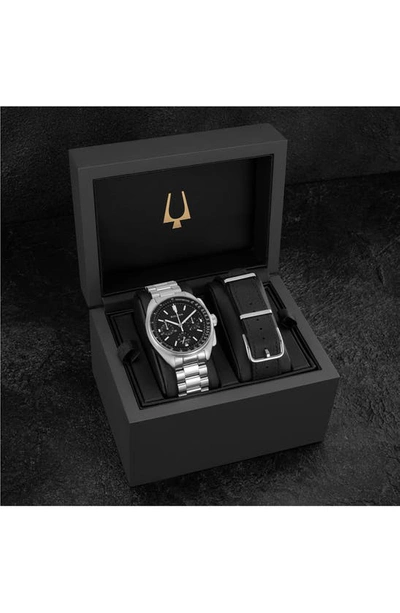 Bulova Men's Chronograph Archive Lunar Pilot Stainless Steel Bracelet Watch Box Set 44mm In Silverone