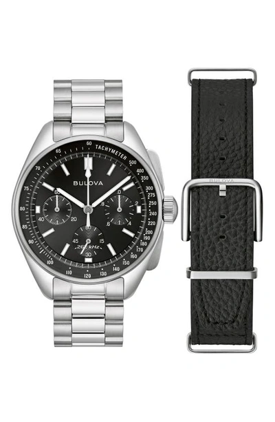 Bulova Men's Chronograph Archive Lunar Pilot Stainless Steel Bracelet Watch Box Set 44mm In Silverone