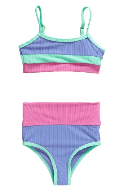 Shop Beach Riot Kids' Little Eva & Emmie Colorblock Rib Two-piece Swimsuit In High Tide Colorblock
