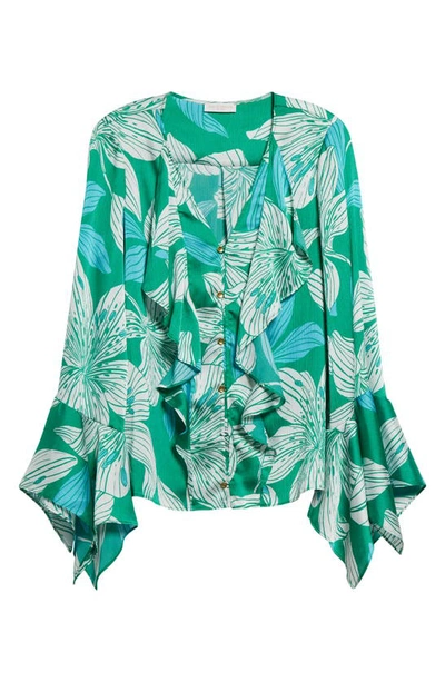 Shop Ramy Brook Savanna Floral Trumpet Sleeve Shirt In Sea Green Lily Print