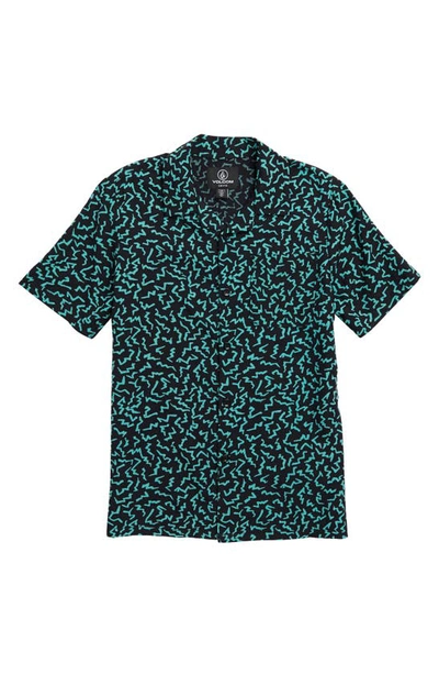 Shop Volcom Kids' Asphalt Beach Print Short Sleeve Button-up Shirt In Black