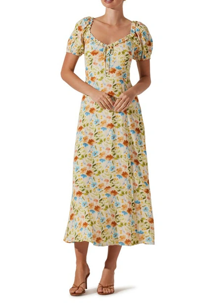 Shop Astr Floral Puff Sleeve Midi Dress In Yellow Multi Floral