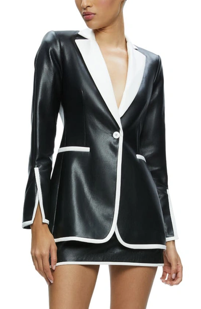 Shop Alice And Olivia Breann Contrast Trim Fitted Faux Leather Blazer In Black/ Off White