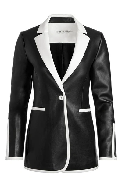 Shop Alice And Olivia Breann Contrast Trim Fitted Faux Leather Blazer In Black/ Off White