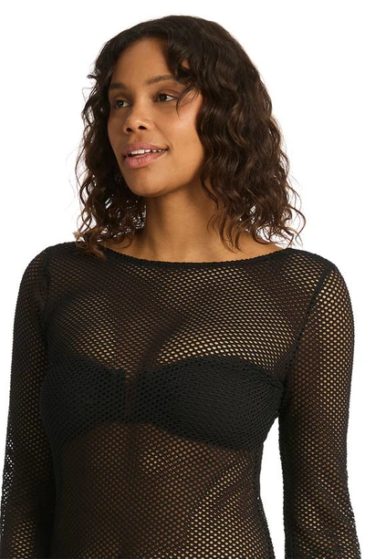 Shop Sea Level Surf Long Sleeve Mesh Cover-up Dress In Black