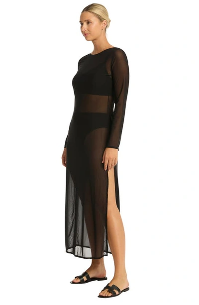 Shop Sea Level Day Club Long Sleeve Mesh Cover-up Dress In Black