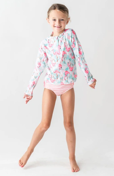 Rufflebutts Kids' Vibrant Flamingo Long Sleeve Two-piece Rashguard Swimsuit In Blue