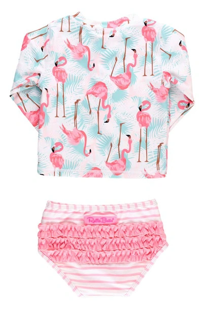 Rufflebutts Kids' Vibrant Flamingo Long Sleeve Two-piece Rashguard Swimsuit In Blue