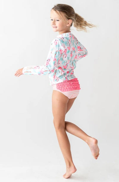 Rufflebutts Kids' Vibrant Flamingo Long Sleeve Two-piece Rashguard Swimsuit In Blue