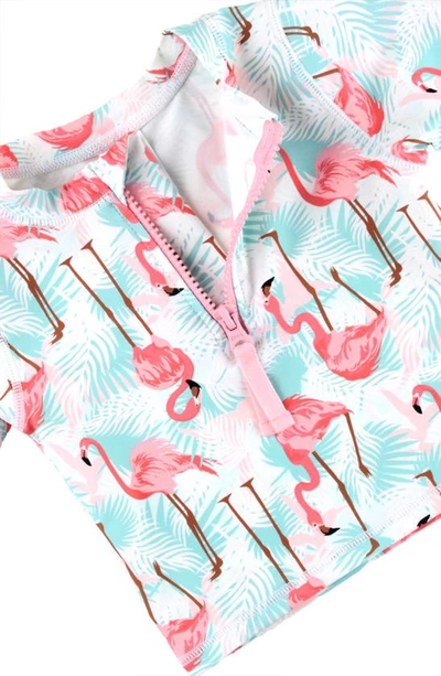 Shop Rufflebutts Kids' Vibrant Flamingo Long Sleeve Two-piece Rashguard Swimsuit In Blue