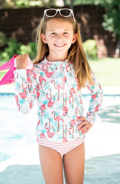 Rufflebutts Kids' Vibrant Flamingo Long Sleeve Two-piece Rashguard Swimsuit In Blue